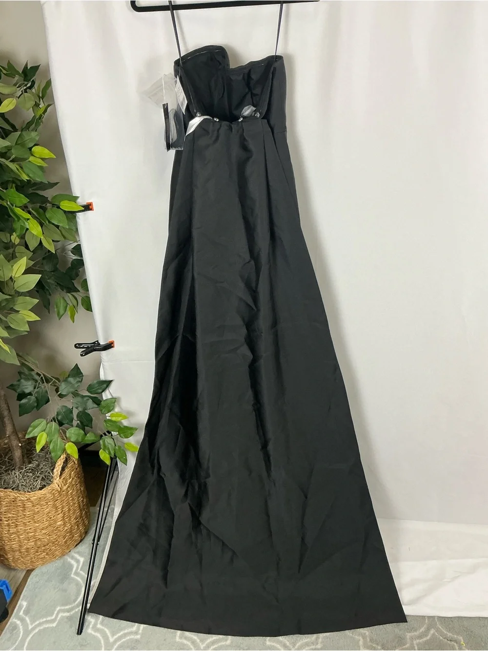 ALFRED SUNG Strapless Black Satin Column Gown with Removable Train - Picture 7 of 7